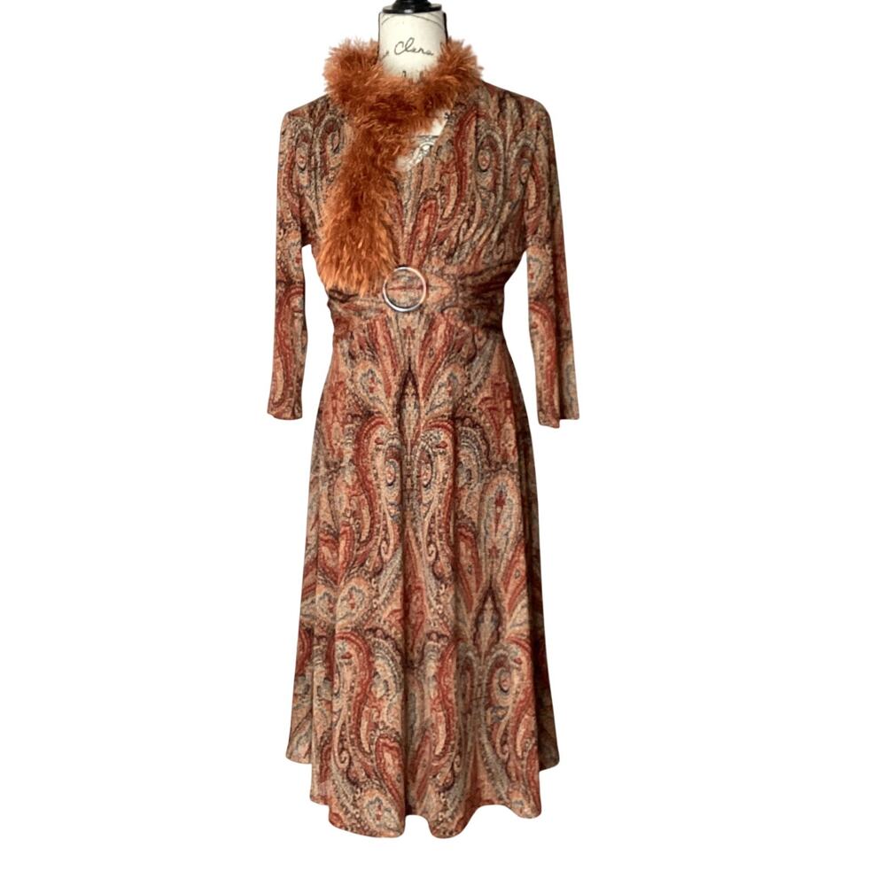 Coldwater Creek Midi Dress Paisley Print Faux Tortoise Shell Belt 3/4 Sleeves 8